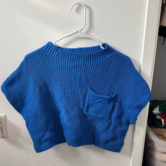 Vibrant Blue Crew Neck Sweater with Pocket - Picture 2 of 4